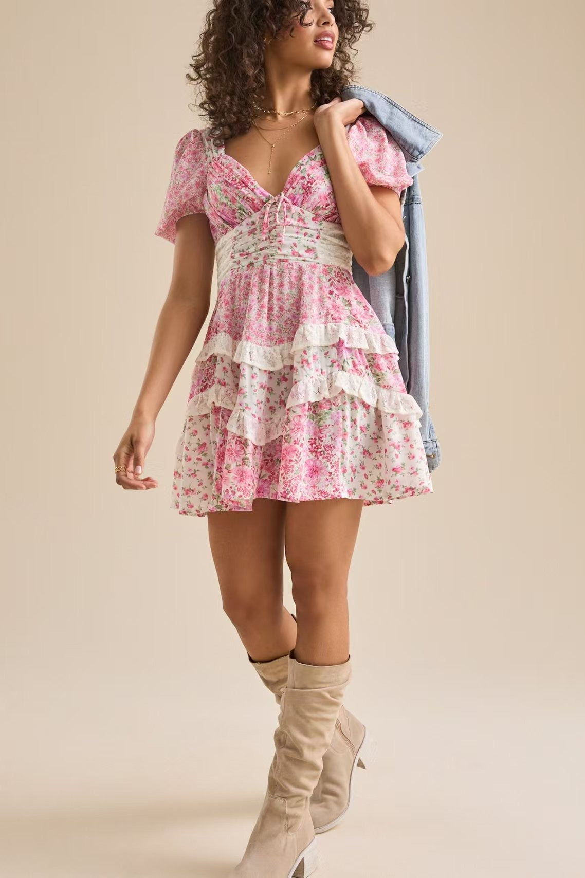 Floral Print Puff Sleeve Lace Smocked Waist Tiered Ruffle Mini Dress 4