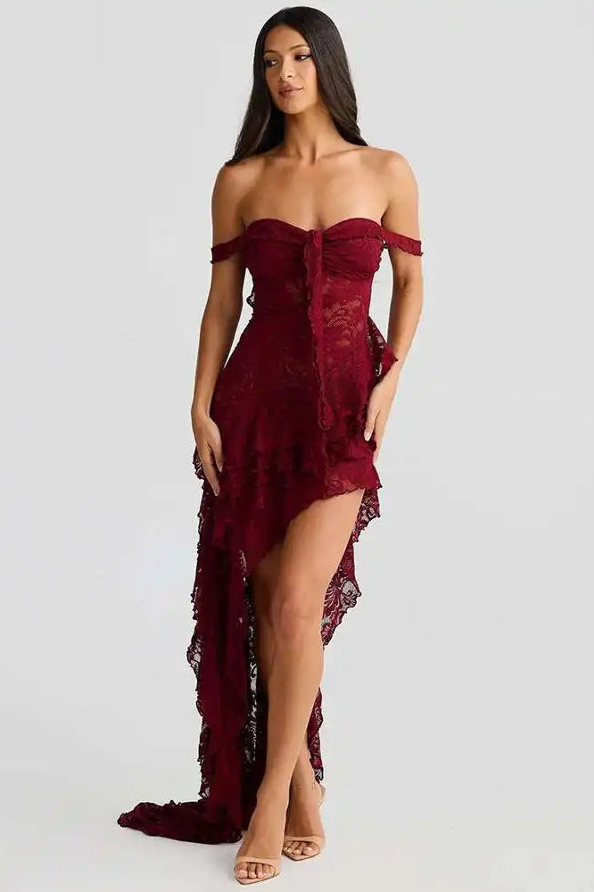 Floral Lace Off-Shoulder Tie-Front Tiered High-Low Ruffle Midi Dress 4