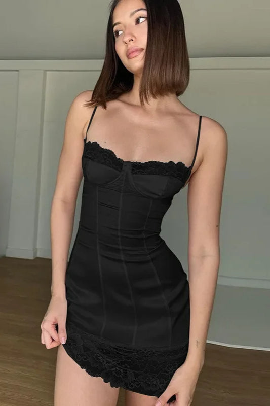 Sweetheart Corset Lace Trim Scalloped Hem Spaghetti Strap Bodycon Mini Dress 2