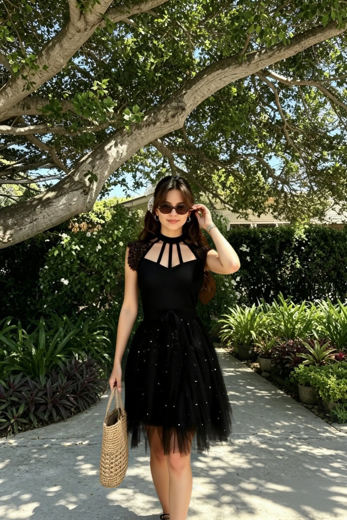Lace Scalloped Cap Sleeve Bow Waist Tiered Tulle Handkerchief Hem Mini Dress 5