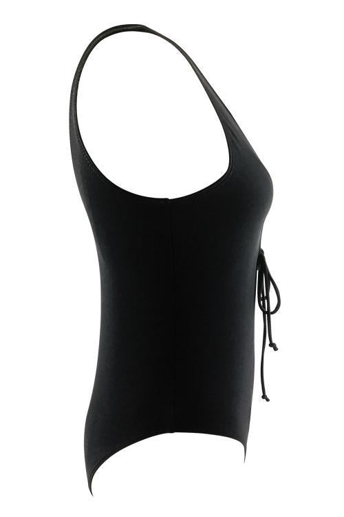Black Strappy Lace Up Plunge Low Back Sexy One Piece Swimsuit