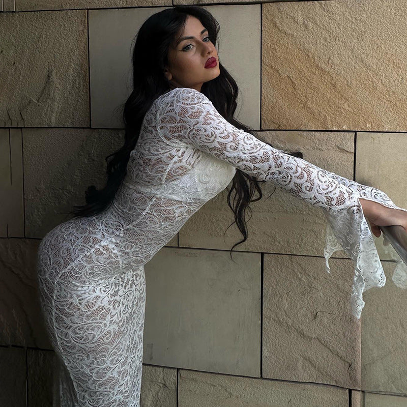 Lace Deep V-Neck Bell Sleeve Mermaid Maxi Dress 5