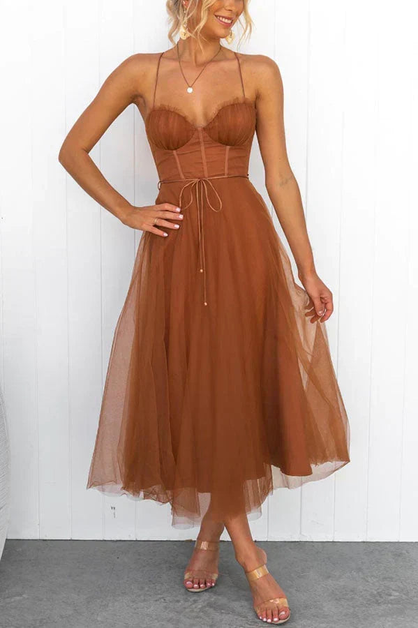 Sweetheart Neck Spaghetti Strap Corset Lace Up Tulle Skirt Midi Dress 9