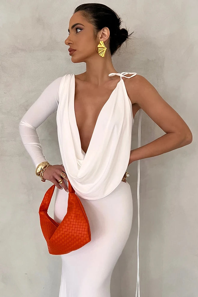 Plunging Cowl Neck Asymmetrical One Long Sleeve Tie Strap Bodycon Maxi Dress