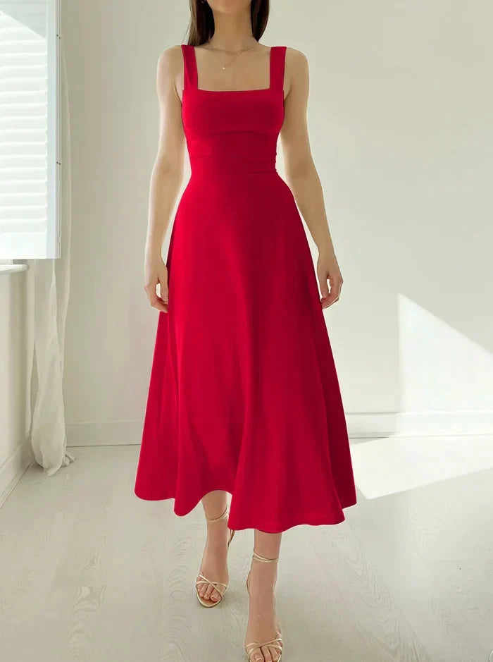 Square Neck Wide Strap A-Line Midi Dress