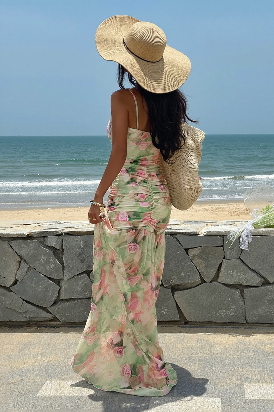 Corset Sweetheart Ruched Floral Mesh High Slit Gown 6