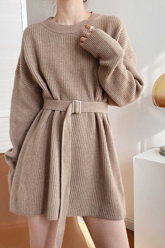 Rib Knit Belted Square Buckle Balloon Sleeve Sweater Mini Dress 2