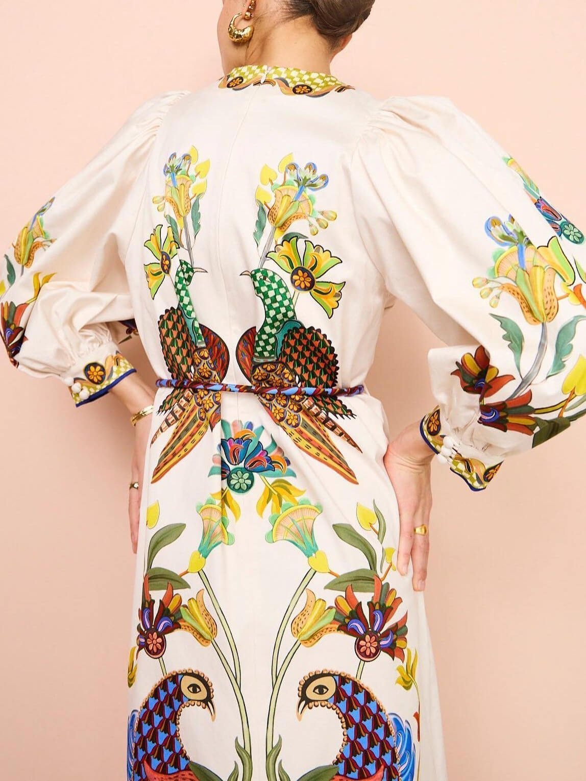 Bird Print Puff Sleeve Round Neck Tie-Waist Border Trim Midi Dress 4