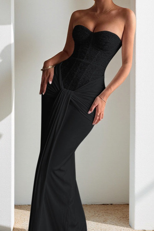 Sequin Strapless Corset Sweetheart Draped Knot Waist Formal Maxi Gown 7