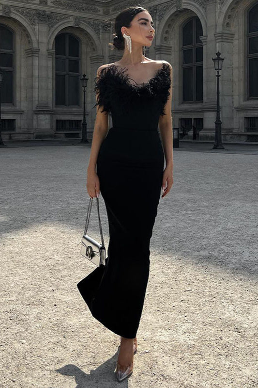 Feather Trim Strapless Bodycon Midi Dress
