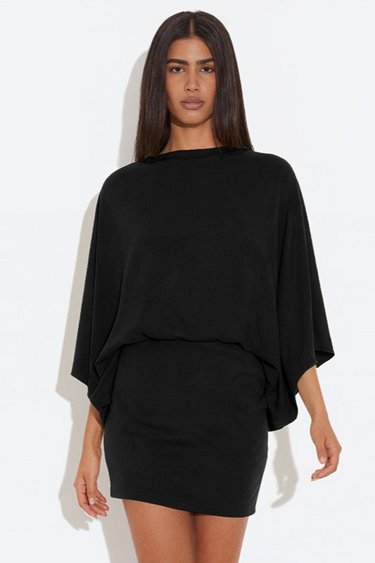 Deep Back Cowl Neck Draped Wing Sleeve Loose Mini Dress 10