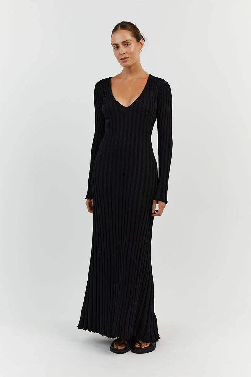 Rib Knit Deep V-Neck Long Sleeve Lettuce Hem Column Maxi Dress 8
