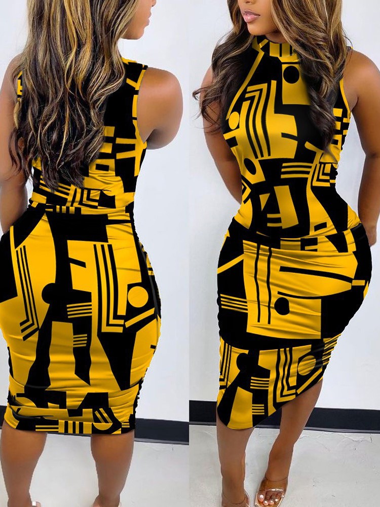 Baroque Chain Medallion Print Mock Neck Sleeveless Ruched Bodycon Midi Dress 3
