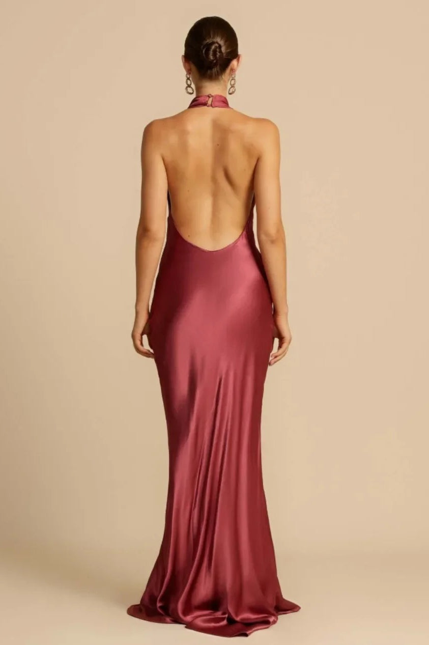Satin Halter Neck Cowl Draped Bias Cut Trumpet Maxi Gown 9