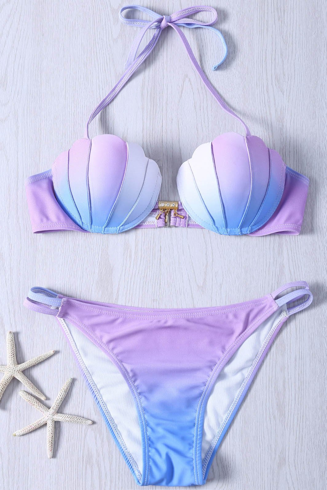 purple blue ombre halter Mermaid Seashell Top Bikini Sexy Swimsuit