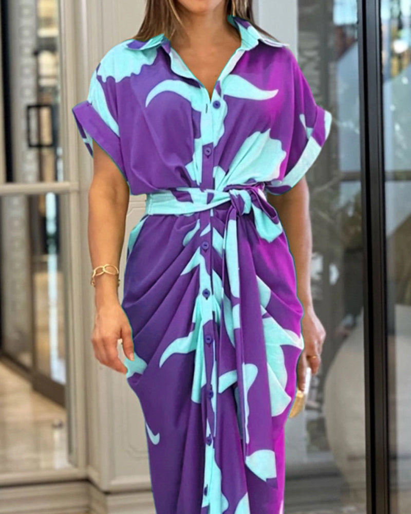 Abstract Leaf Print Collared Button-Front Tie-Waist Ruched Skirt Midi Shirt Dress 5