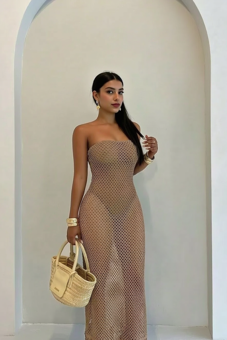 Strapless Bandeau Crochet Mesh Bodycon Mini Dress Tassel Fringe Hem Maxi Dress 4