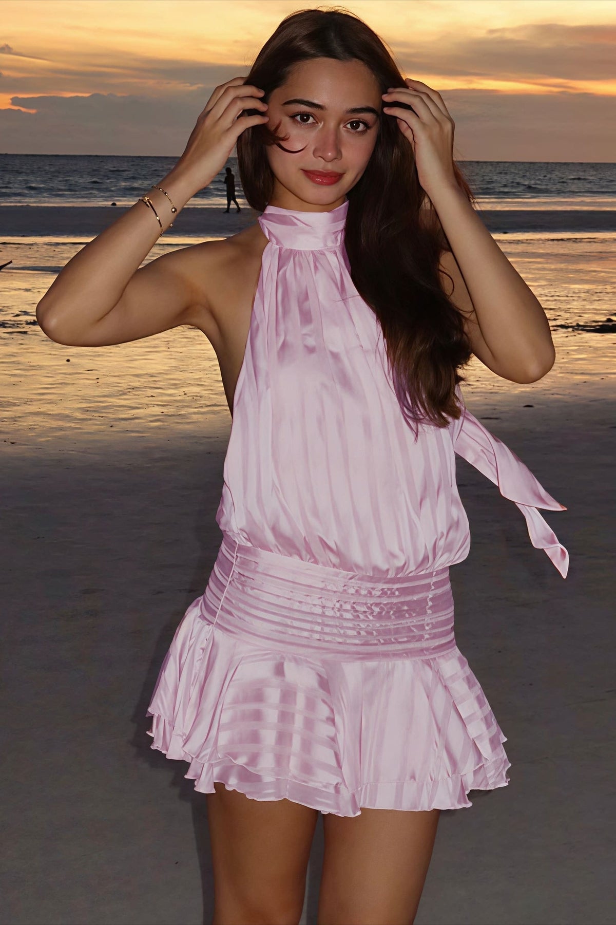 Jacquard Stripe Halter Neck Smocked Waist Tiered Ruffle Mini Dress 8