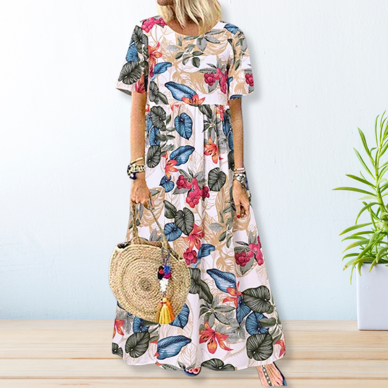 Tropical Botanical Print Round Neck Short Sleeve Empire Waist Maxi Dress 5