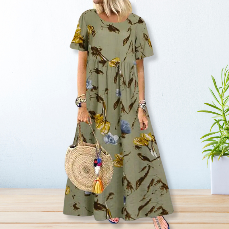 Tropical Botanical Print Round Neck Short Sleeve Empire Waist Maxi Dress 4