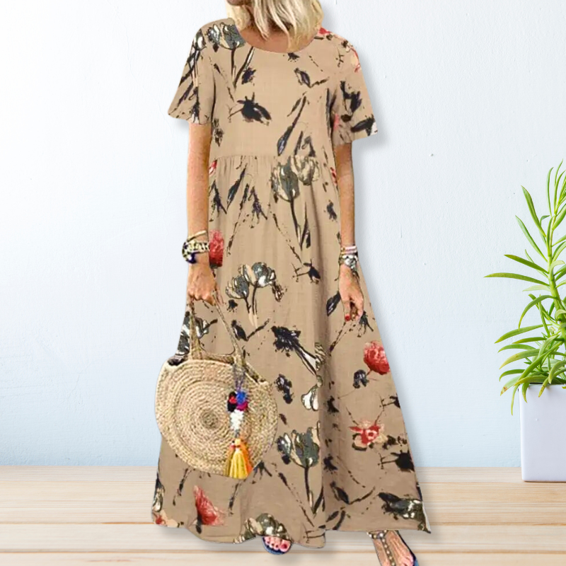 Tropical Botanical Print Round Neck Short Sleeve Empire Waist Maxi Dress 3