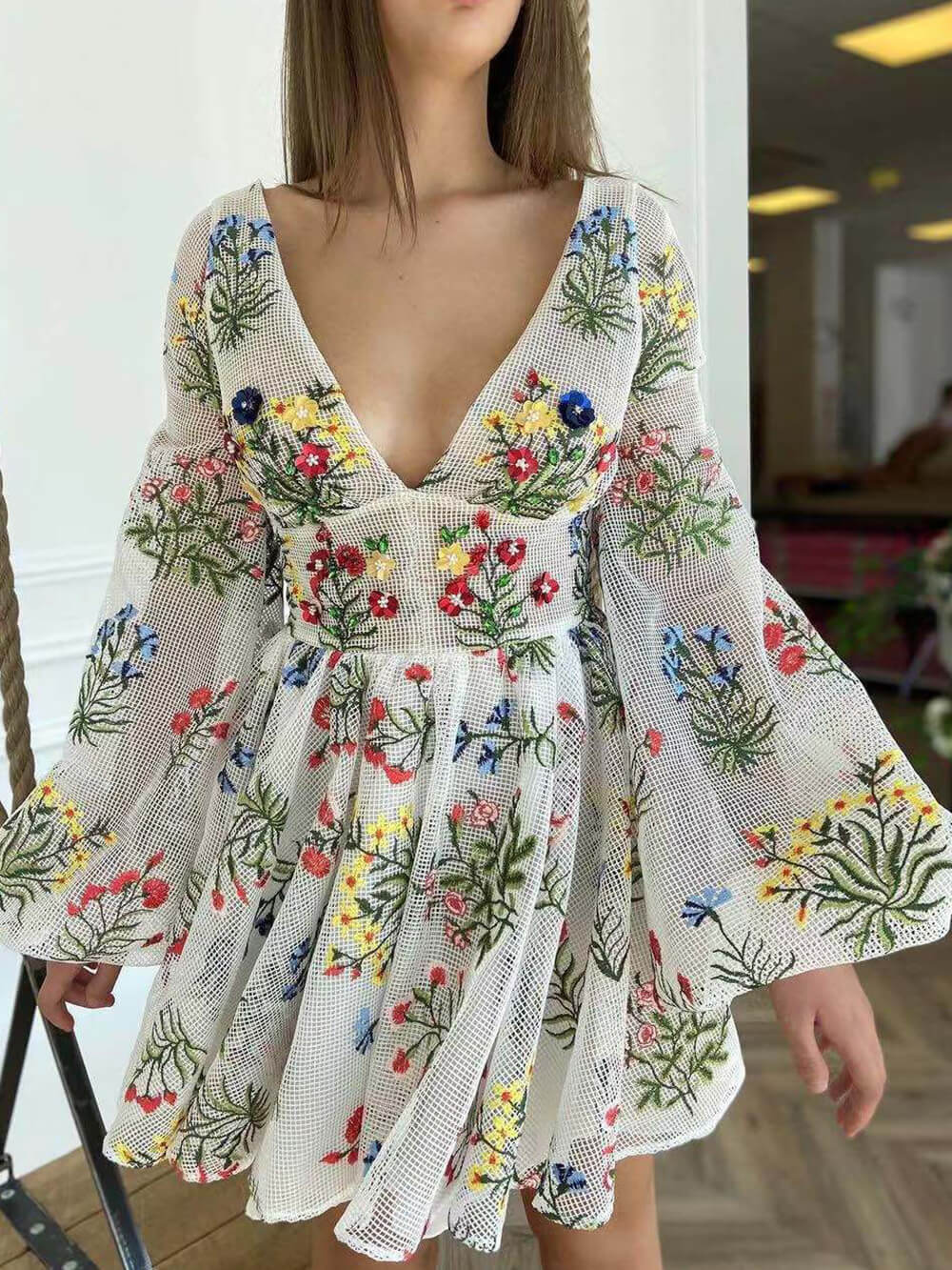 Embroidered Floral Deep V-Neck Bell Sleeve Pleated Mini Dress 2