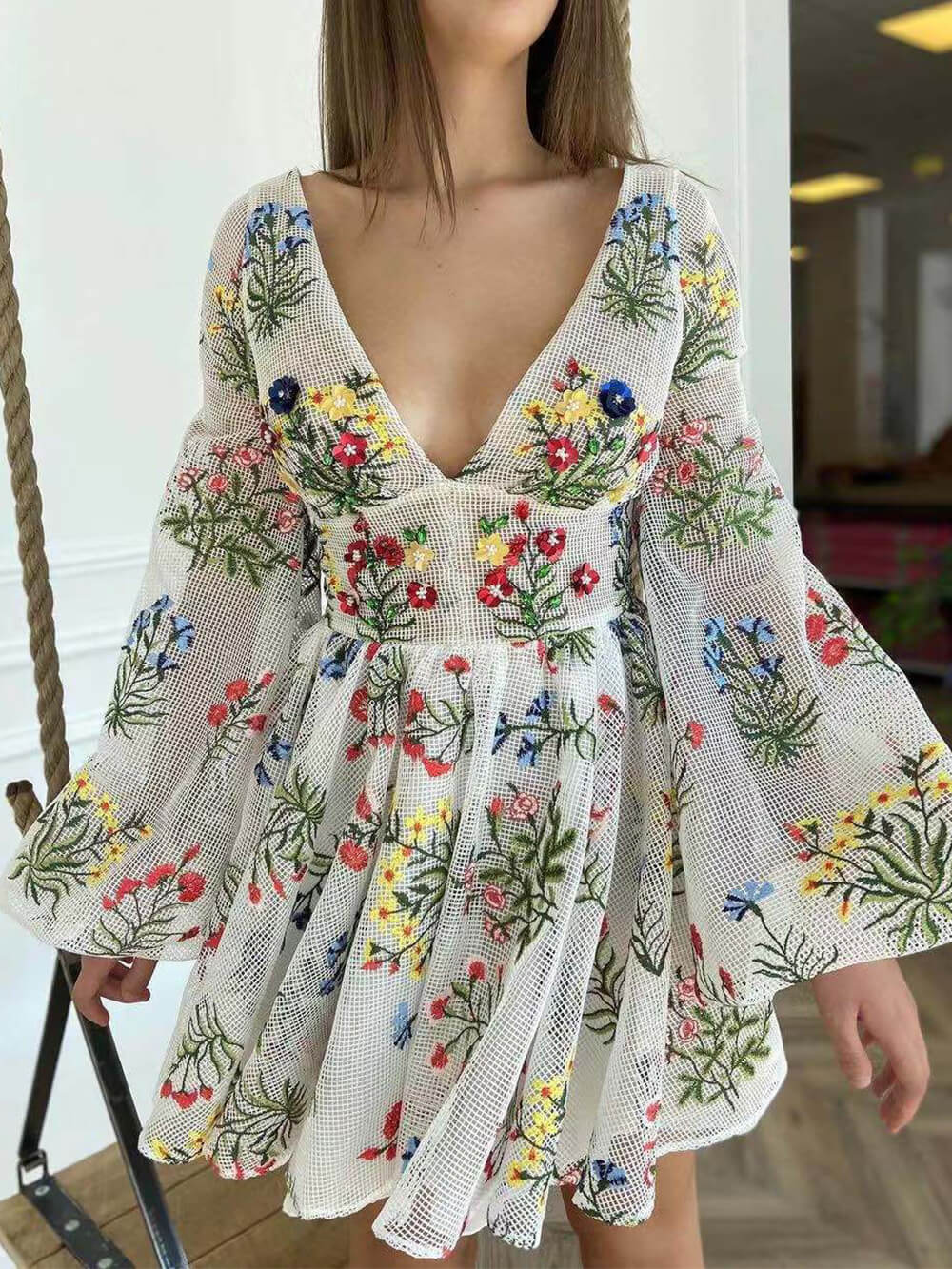 Embroidered Floral Deep V-Neck Bell Sleeve Pleated Mini Dress 3