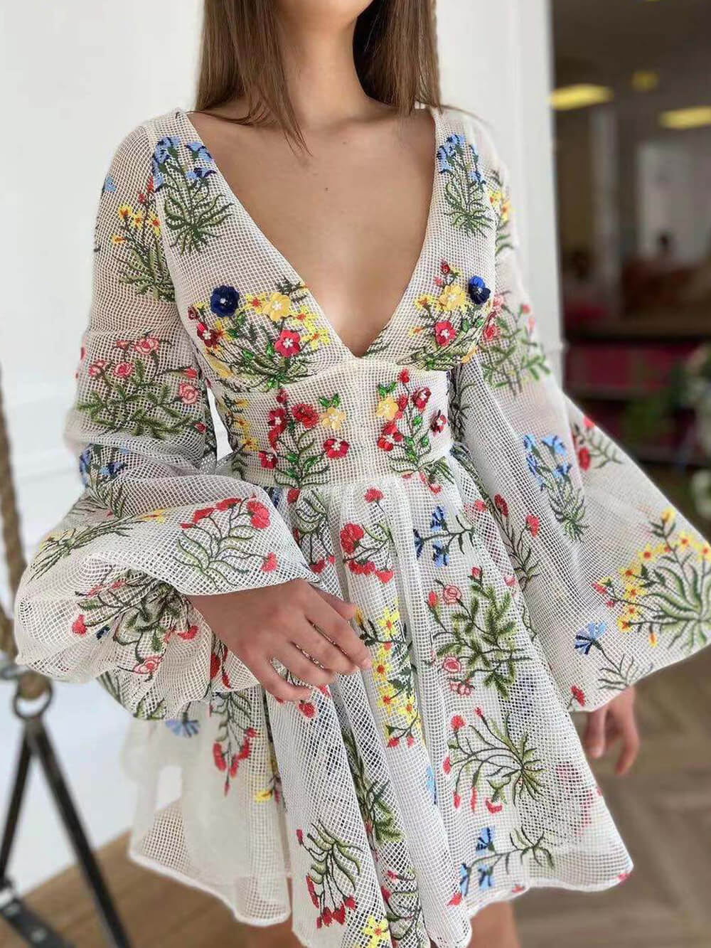 Embroidered Floral Deep V-Neck Bell Sleeve Pleated Mini Dress 4