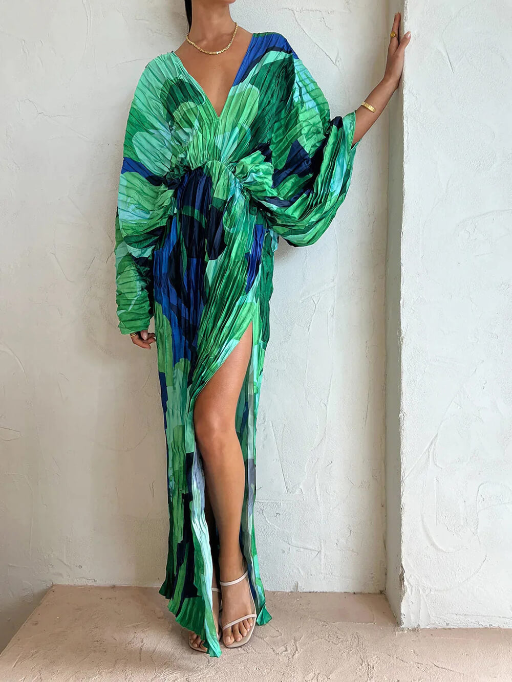 Abstract Print Deep V-Neck Balloon Sleeve High Slit Maxi Dress