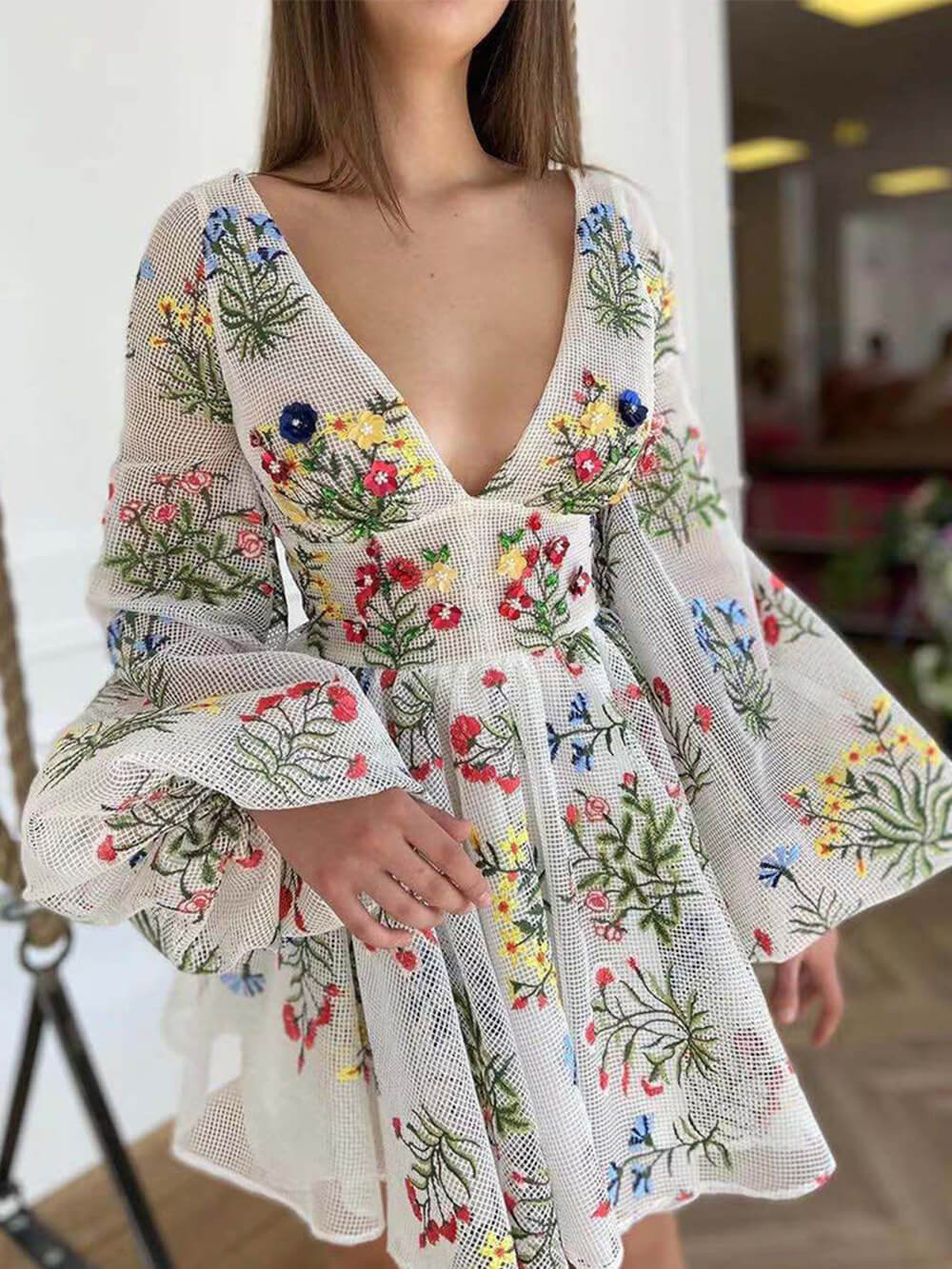 Embroidered Floral Deep V-Neck Bell Sleeve Pleated Mini Dress