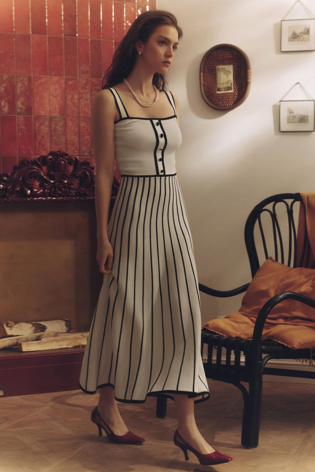 Square Neck Sleeveless Rib Knit Contrast Piping Tiered Midi Dress 5