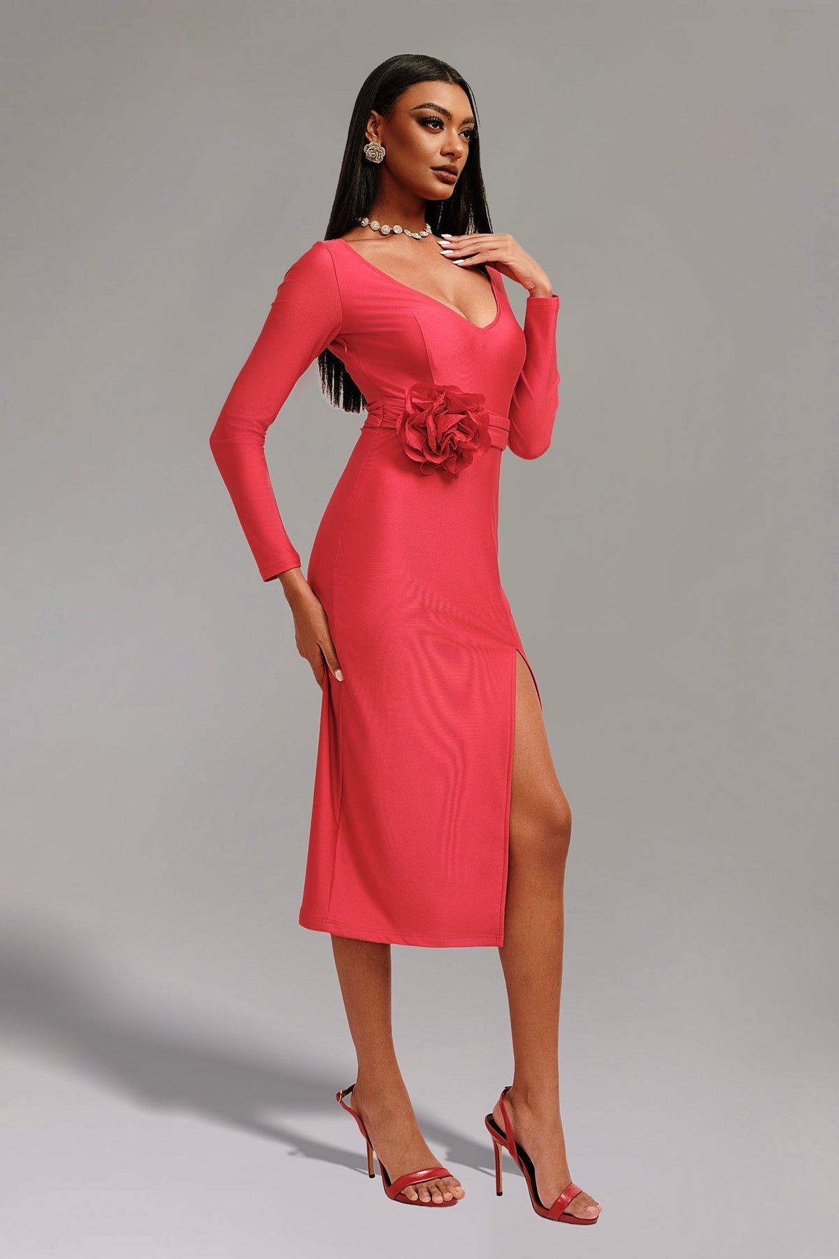 Deep V Ruched Split Midi Dress 7