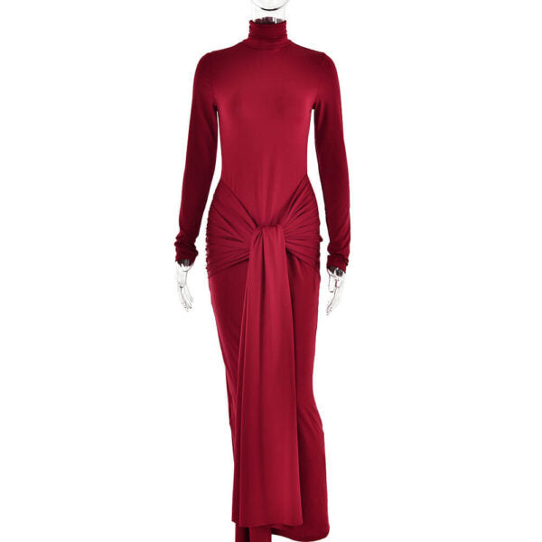 Long Sleeve Mock Neck Front Knot Draped Train Maxi Dress 4