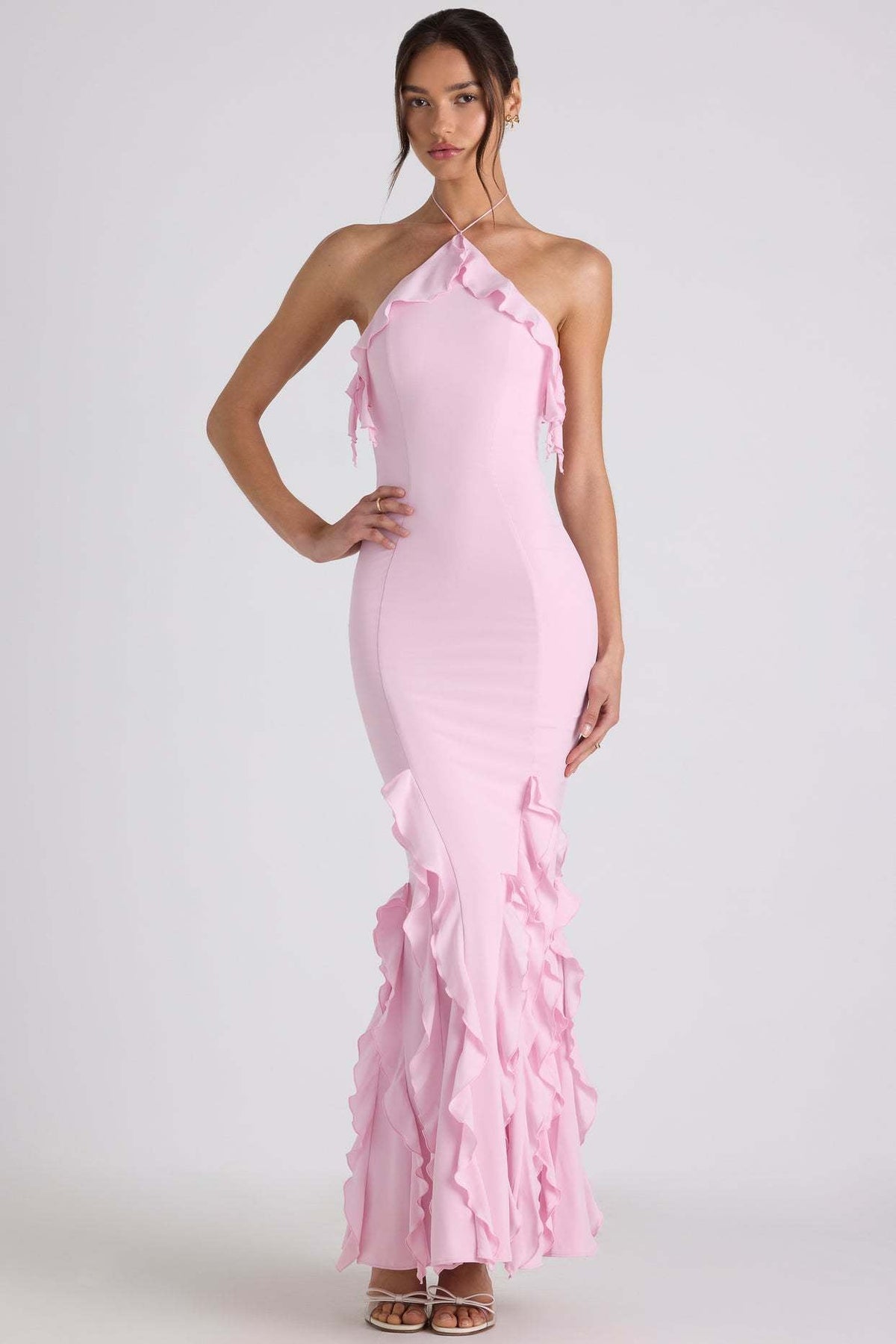 Halter Ruffle Trim Mermaid Ruffle Hem Maxi Gown