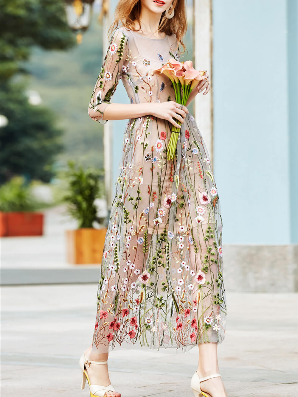 Sheer Mesh Wildflower Embroidery Three Quarter Sleeve Maxi Dress 3