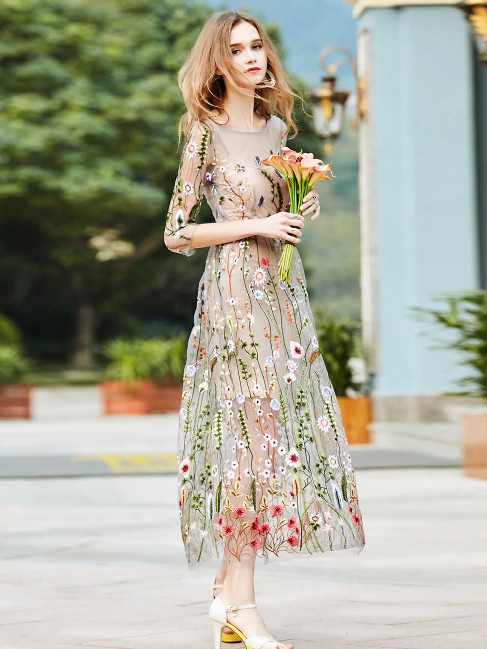 Sheer Mesh Wildflower Embroidery Three Quarter Sleeve Maxi Dress