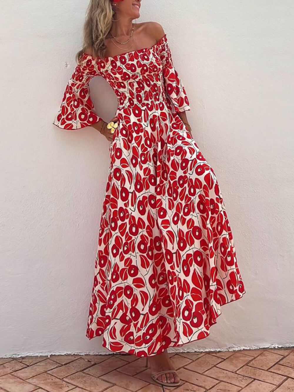 Off Shoulder Smocked Bell Sleeve Floral Print Pocket Maxi Dress 6
