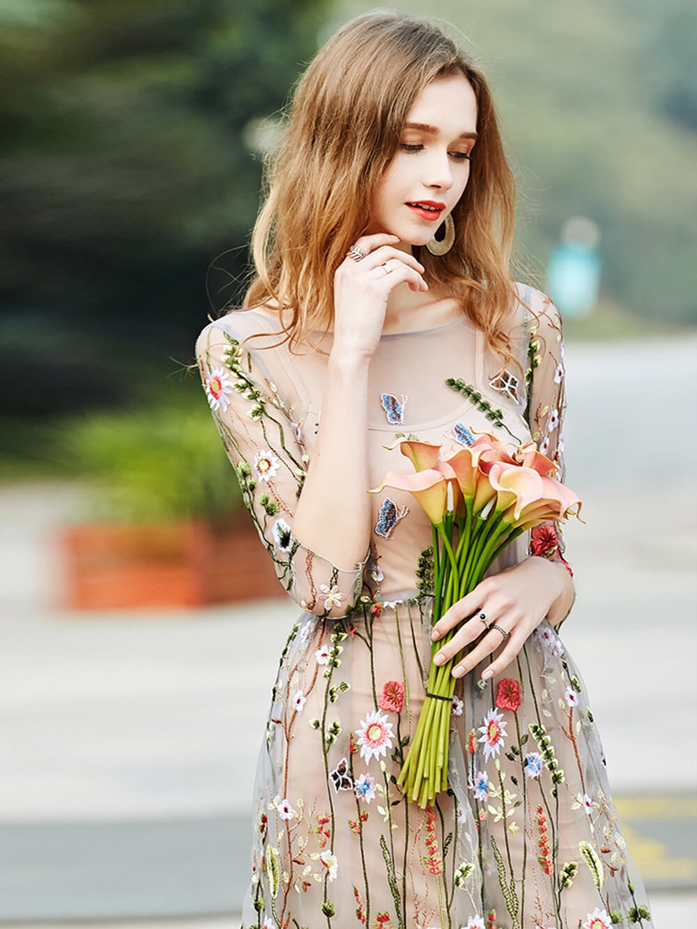Sheer Mesh Wildflower Embroidery Three Quarter Sleeve Maxi Dress 2