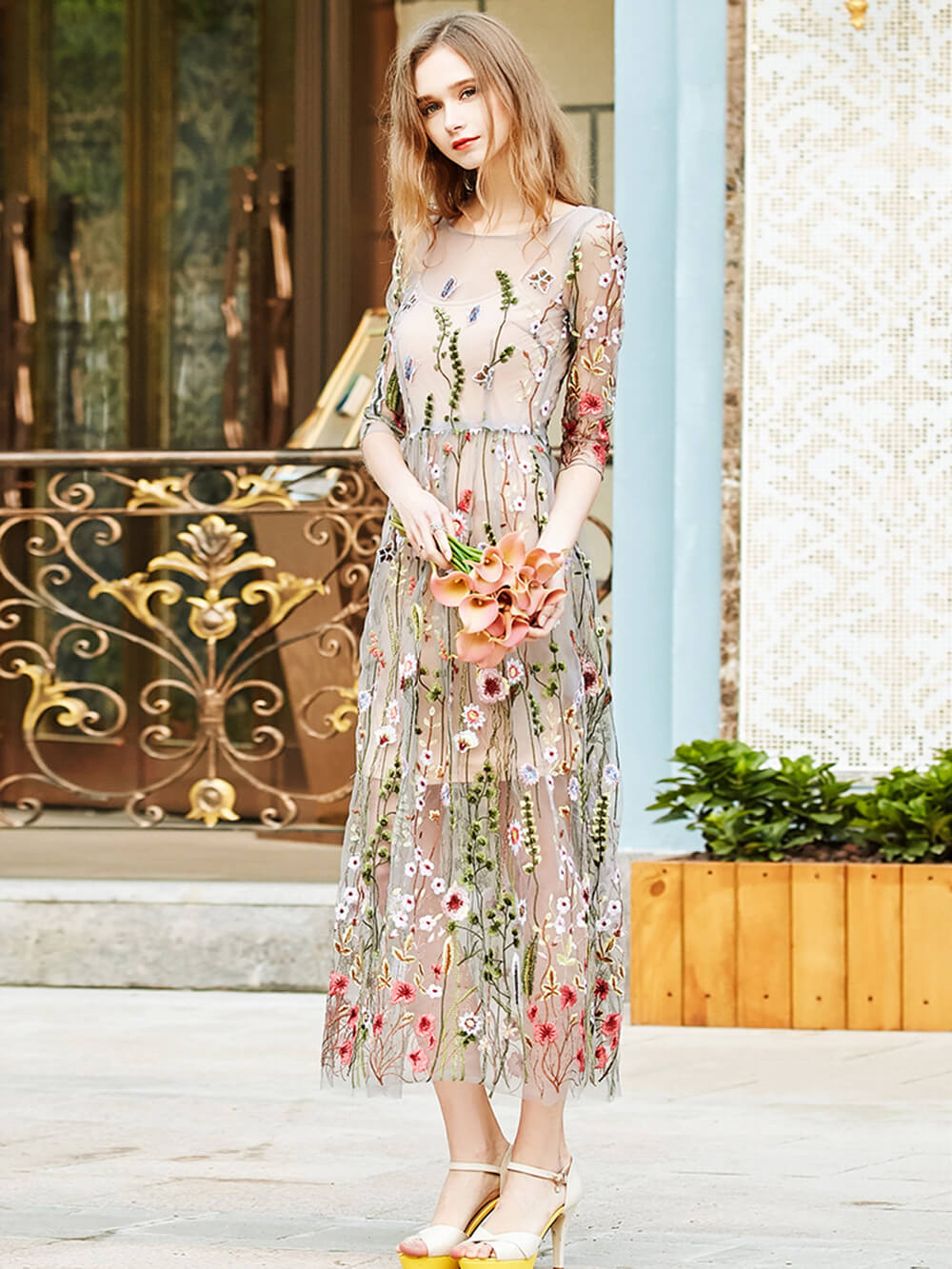Sheer Mesh Wildflower Embroidery Three Quarter Sleeve Maxi Dress 4