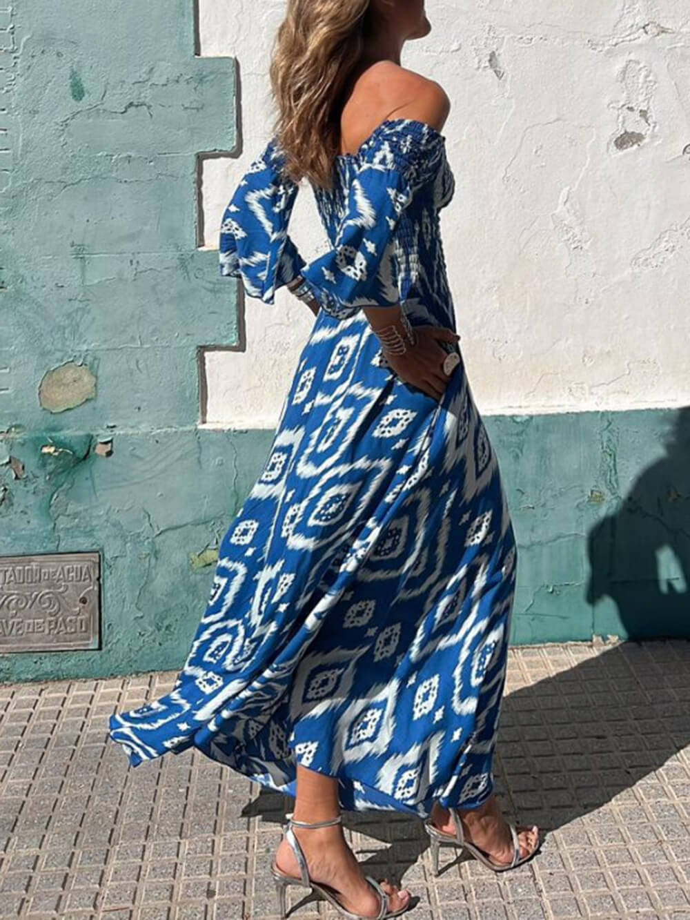 Off Shoulder Smocked Bodice Bell Sleeve Geometric Ikat Pocket Maxi Dress 4