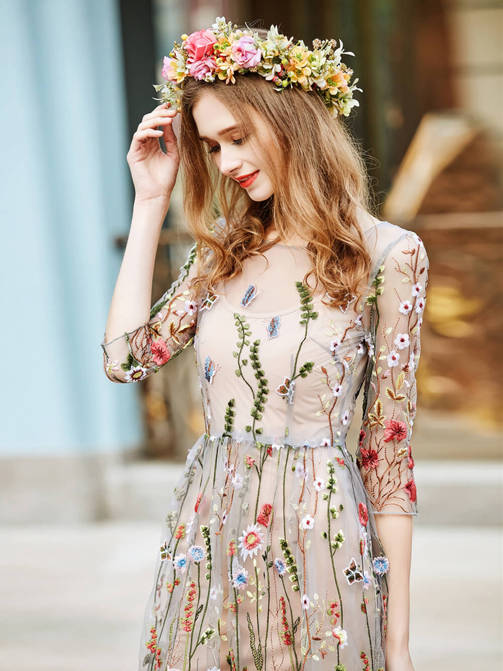 Sheer Mesh Wildflower Embroidery Three Quarter Sleeve Maxi Dress 5