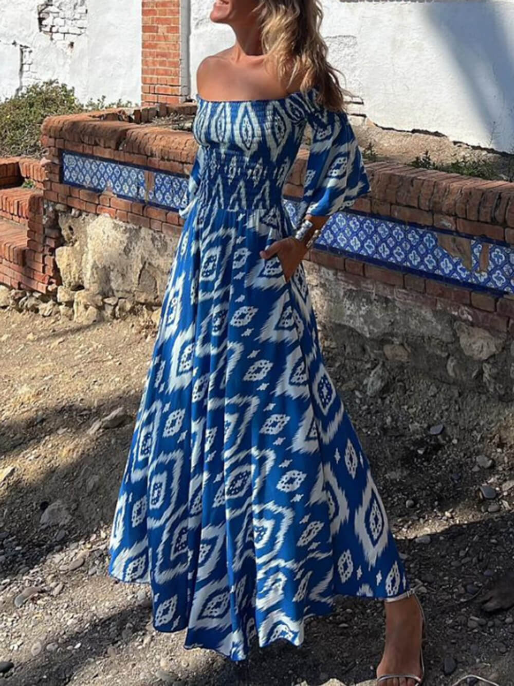 Off Shoulder Smocked Bodice Bell Sleeve Geometric Ikat Pocket Maxi Dress 5