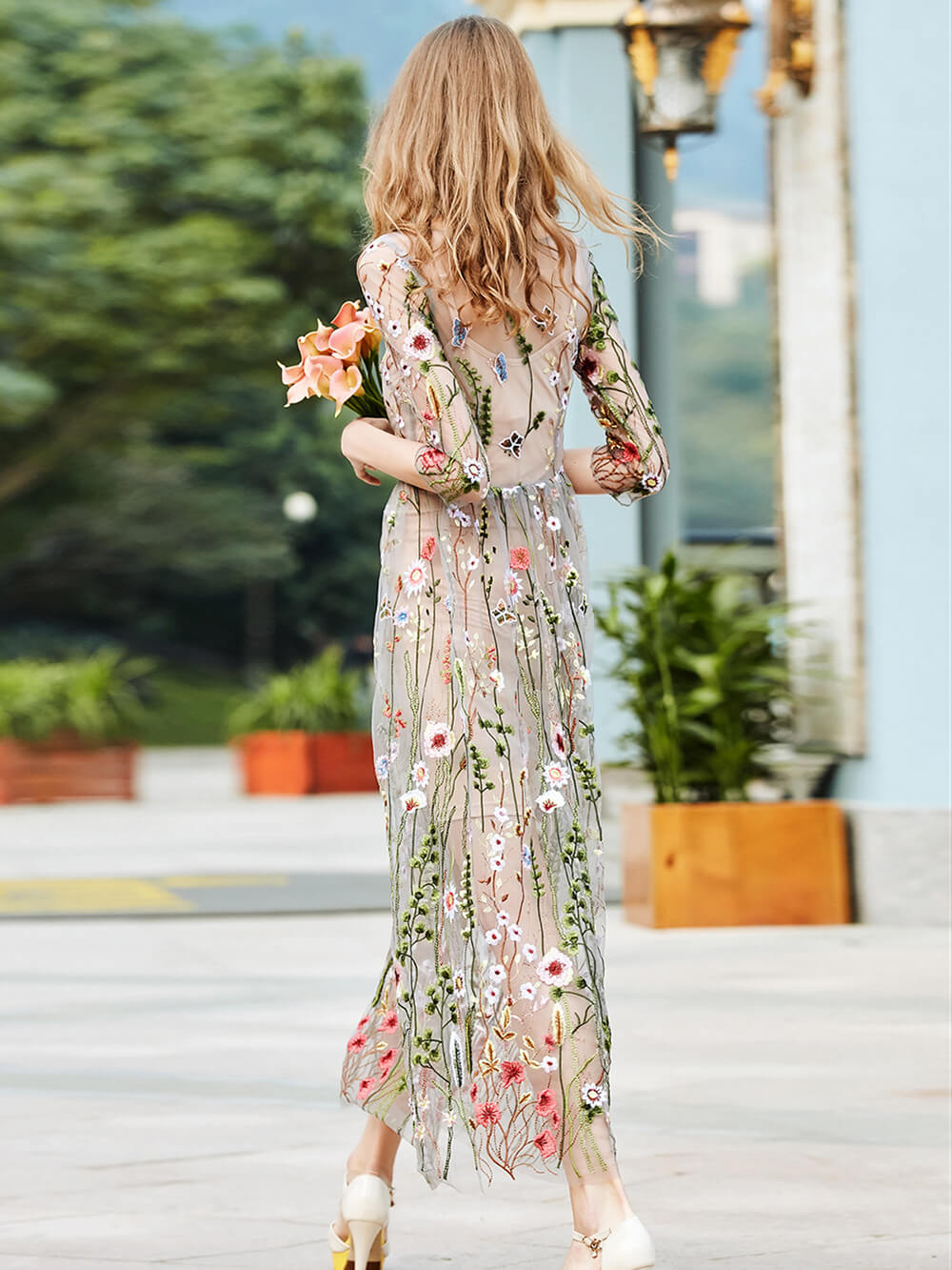 Sheer Mesh Wildflower Embroidery Three Quarter Sleeve Maxi Dress 6