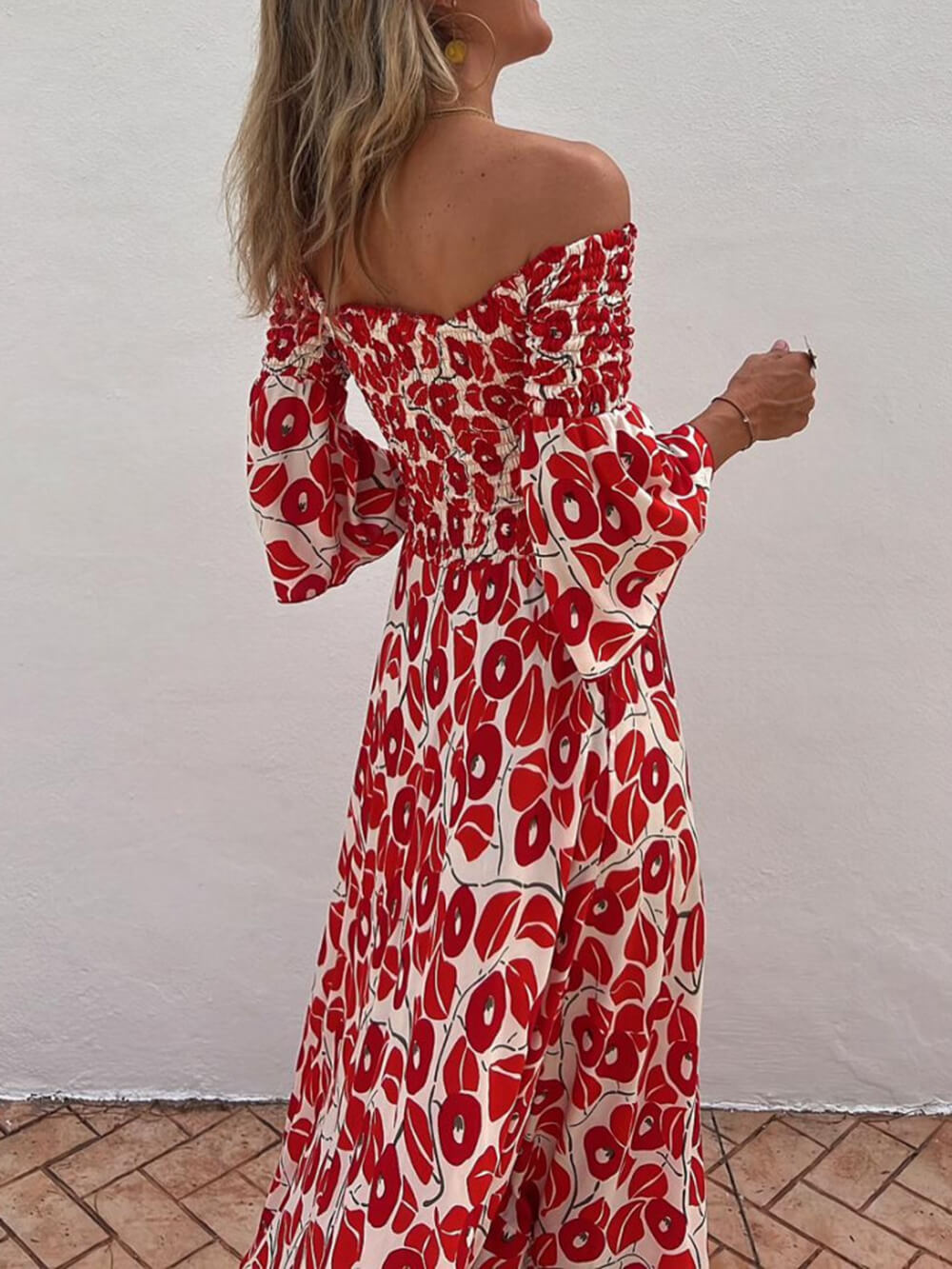 Off Shoulder Smocked Bell Sleeve Floral Print Pocket Maxi Dress 5