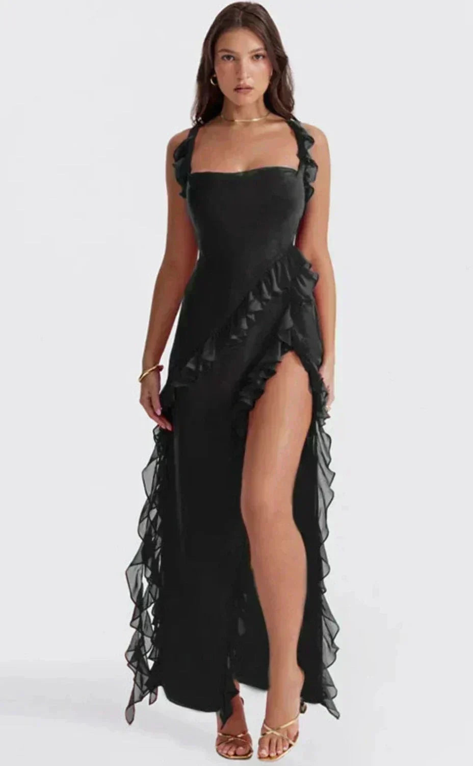 Ruffle Strap Square Neck Wrap Slit Chiffon Maxi Dress 5
