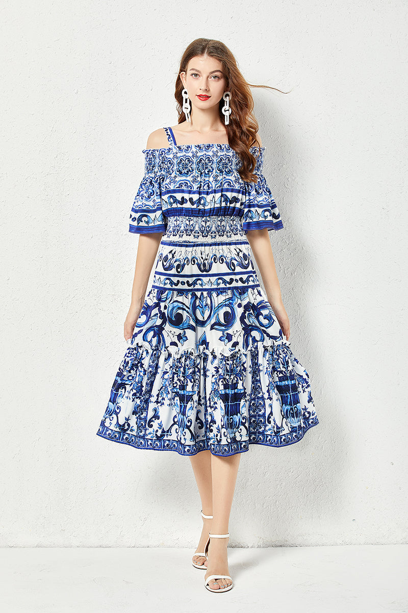 Porcelain Tile Print Off-the-Shoulder Smocked Waist Tiered Ruffle Midi Dress 5