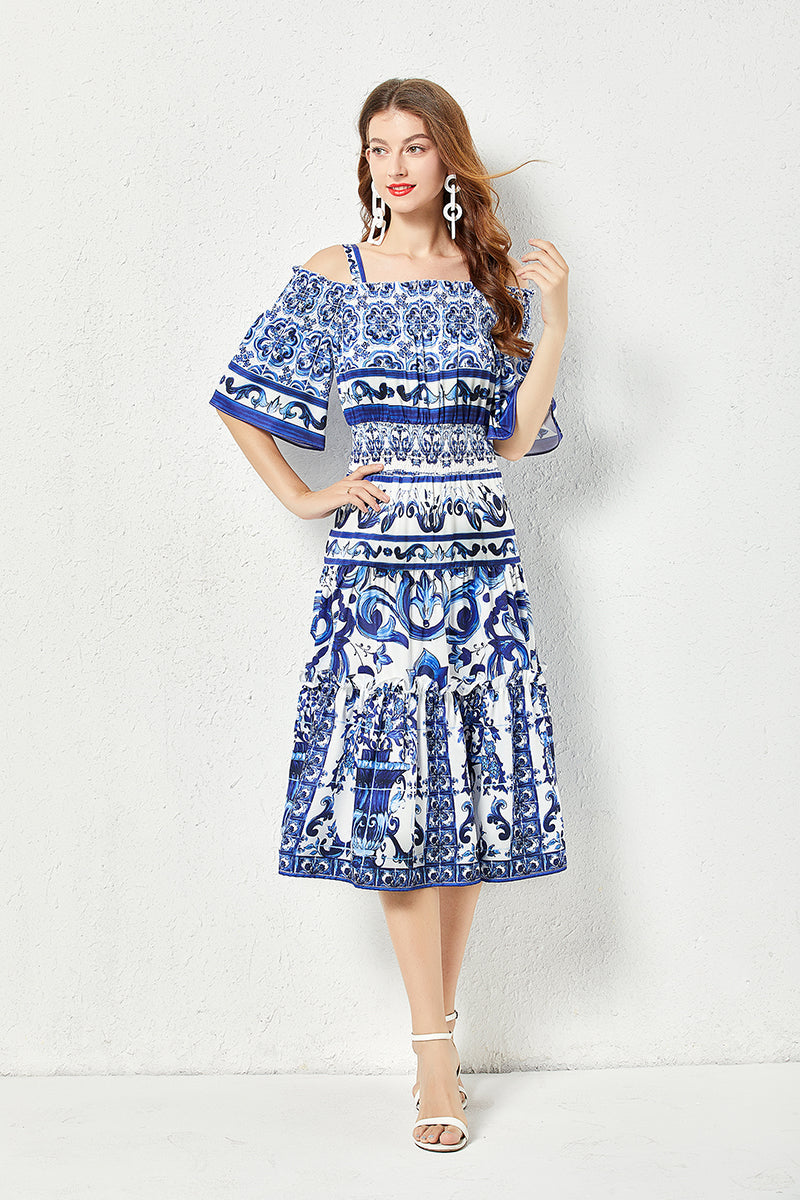 Porcelain Tile Print Off-the-Shoulder Smocked Waist Tiered Ruffle Midi Dress 2