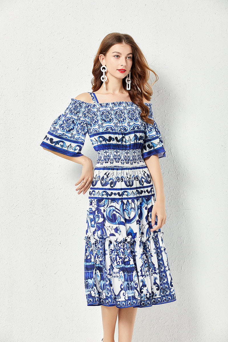 Porcelain Tile Print Off-the-Shoulder Smocked Waist Tiered Ruffle Midi Dress 3
