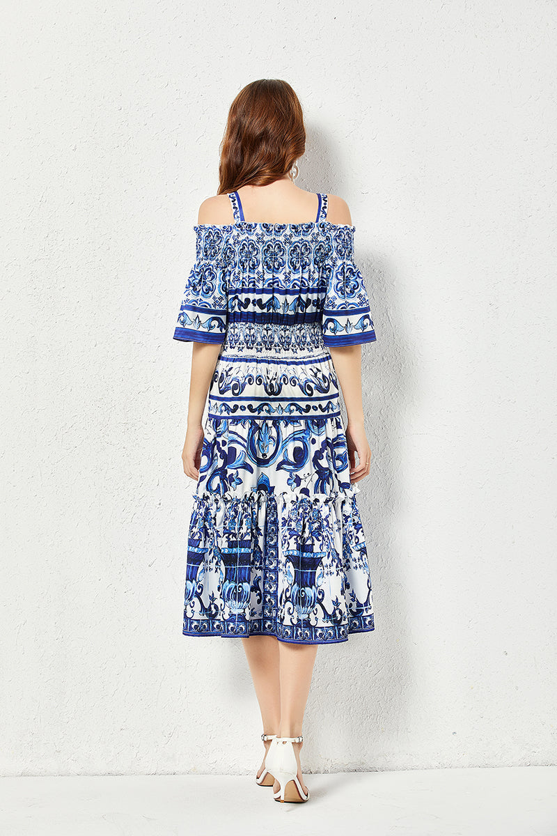 Porcelain Tile Print Off-the-Shoulder Smocked Waist Tiered Ruffle Midi Dress 4