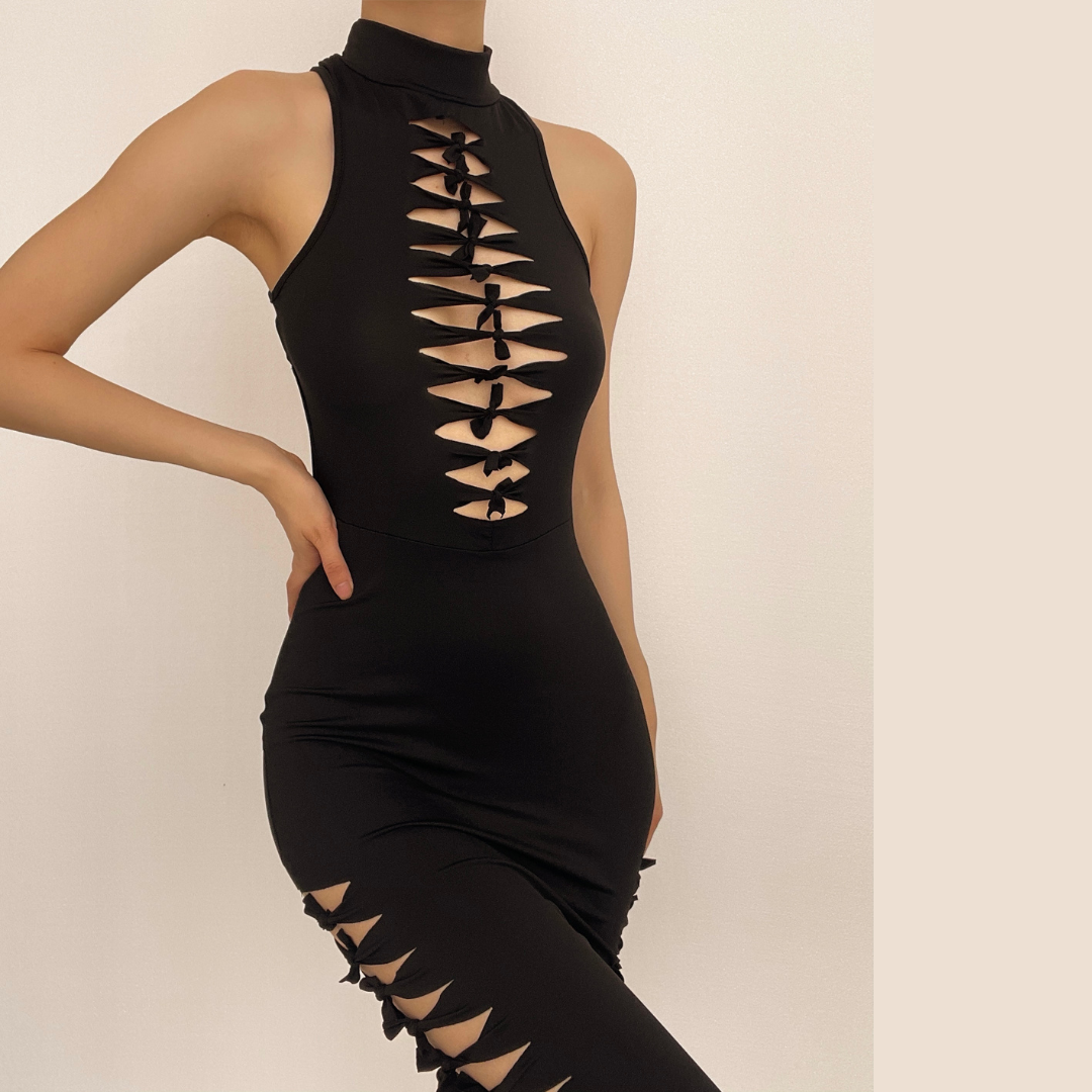 Mock Neck Sleeveless Ladder Tie Front Side Cutout Bodycon Midi Dress